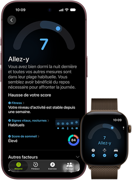 iPhone 18 Pro, noir, face avant, affichant le résultat du statut                                                Préparation (score de 7), jumelé à une Apple Watch, de face, marron,                                                affichant le même score Préparation de 7