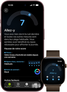 iPhone 18 Pro,                                                noir, face avant, affichant le résultat du statut Préparation (score de                                                7), jumelé à une Apple Watch, de face, marron, affichant le même score                                                Préparation de 7