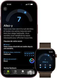 iPhone 18 Pro,                                                noir, face avant, affichant le résultat du statut Préparation (score de                                                7), jumelé à une Apple Watch, de face, marron, affichant le même score                                                Préparation de 7