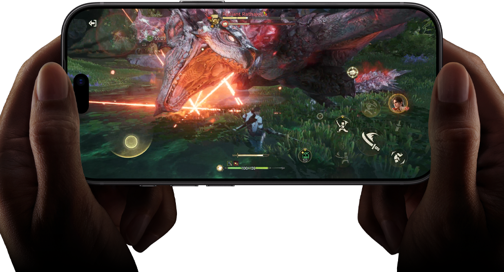 iPhone 18 Pro, face avant, montrant                                                                les performances de la puce A20 Pro avec une scène de                                                                Monster Hunter Outlanders