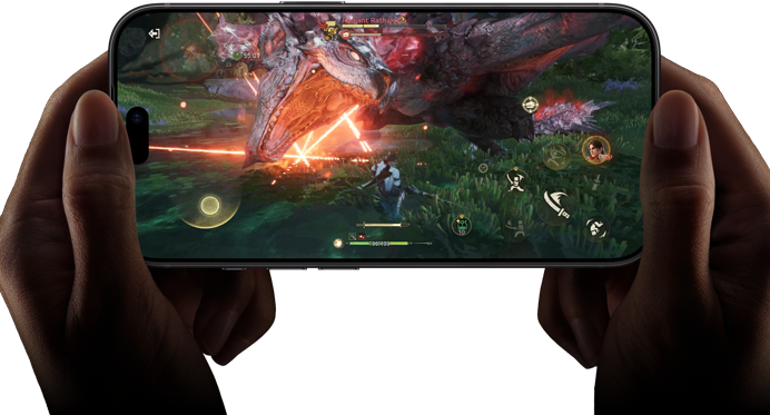 iPhone 18 Pro, face avant, montrant les                                                                performances de la puce A20 Pro avec une scène de                                                                Monster Hunter Outlanders