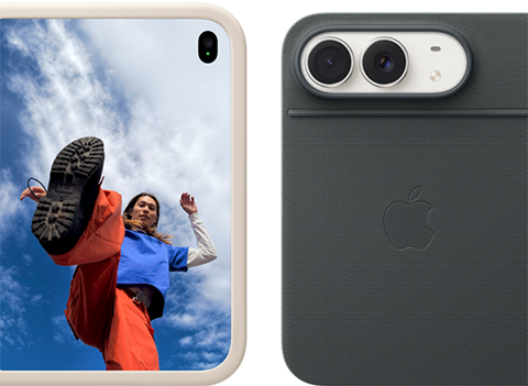 iPhone Duo, finition blanc stellaire dans une                                                                coque en silicone sable, mode paysage, entièrement                                                                ouvert en position horizontale, double caméra Fusion en                                                                haut à gauche, une coque recouvre la face extérieure                                                                arrière et le bord de l’écran interne, le côté droit                                                                présente l’écran externe affichant l’image d’une                                                                personne. iPhone Duo, finition blanc stellaire, appuyé                                                                sur le Folio marine avec support, complètement ouvert à                                                                l’horizontale ; la face extérieure arrière met en                                                                évidence la double caméra Fusion 48 MP, deux objectifs