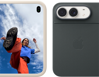 iPhone Duo,                                                                finition blanc stellaire dans une coque en silicone                                                                sable, mode paysage, entièrement ouvert en position                                                                horizontale, double caméra Fusion en haut à gauche, une                                                                coque recouvre la face extérieure arrière et le bord de                                                                l’écran interne, le côté droit présente l’écran externe                                                                affichant l’image d’une personne. iPhone Duo, finition                                                                blanc stellaire, appuyé sur le Folio marine avec                                                                support, complètement ouvert à l’horizontale ; la face                                                                extérieure arrière met en évidence la double caméra                                                                Fusion 48 MP, deux objectifs