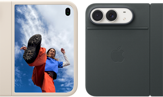 iPhone Duo,                                                                finition blanc stellaire dans une coque en silicone                                                                sable, mode paysage, entièrement ouvert en position                                                                horizontale, double caméra Fusion en haut à gauche, une                                                                coque recouvre la face extérieure arrière et le bord de                                                                l’écran interne, le côté droit présente l’écran externe                                                                affichant l’image d’une personne. iPhone Duo, finition                                                                blanc stellaire, appuyé sur le Folio marine avec                                                                support, complètement ouvert à l’horizontale ; la face                                                                extérieure arrière met en évidence la double caméra                                                                Fusion 48 MP, deux objectifs