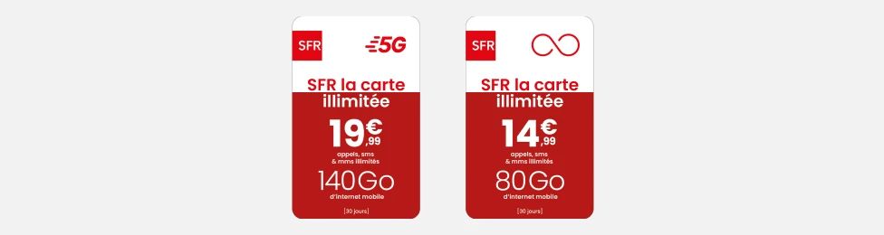 Envie de mieux gérer votre budget ? Adhérer facilement à l’environnement SFR La Carte pour profiter de la qualité du réseau mobile 4G+ et 5G de SFR à petit prix et sans engagement. Nos offres prépayées permettent de choisir la recharge la plus adaptée aux usages recherchés..