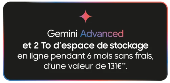 Gemini advanced et 2 To d'espace de stockage en ligne pendant 6 mois sans frais d'une valeur de 131€.