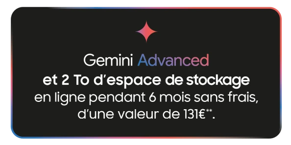 Gemini advances et 2 To d'espace de stockage en ligne pendant 6 mois sans frais, d'une valeur de 131€**.
