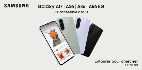 Samsung Galaxy A17, A26, A36, A56 5G. L'IA accessible à tous. Entourer pour chercher avec Google