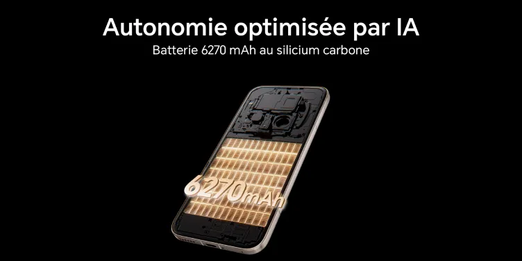 Autonomie optimisée par l'IA. Batterie 6270 mAh au silicium carbone
