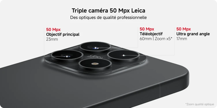 Triple caméra 50 Mpx Leica. Des optiques de qualité professionnelle. 5O Mpx Objectif principal 23mm, 50 Mpx Téléobjectif 60mm, Zoom x5 de qualité optique, 50 Mpx Ulrtra grand angle 17mm