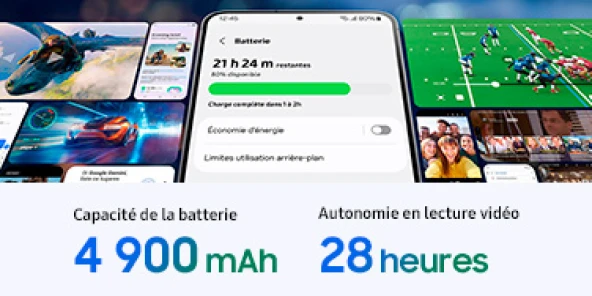 Capacité de la batterie 4900 mAh et autonomie en lecture vidéo 28 heures
