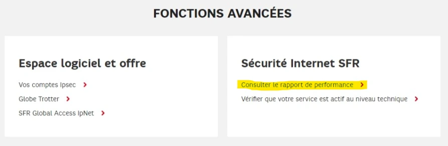 Accès aux rapports de performance de l’option Sécurité Internet via les fonctions avancées de l’espace client SFR Business