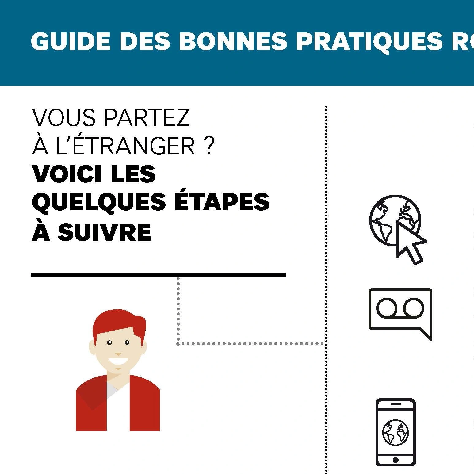 Étapes à suivre avant un départ à l’étranger, illustration d’un personnage et icônes de communication