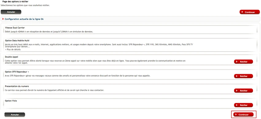 Page de résiliation des options mobiles.