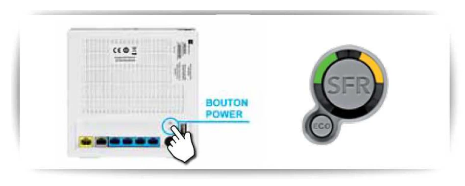 Allumage de la box ADSL SFR en appuyant sur le bouton marche/arrêt lors de l’installation