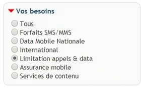 Choix de l’onglet Limitation appels & data dans Vos besoins dans l’Espace Client.