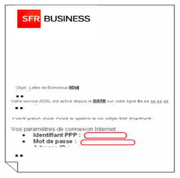 Saisie des identifiants PPP fournis par SFR Business pour activer l’accès Internet sur le poste
