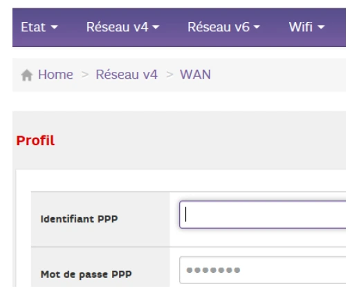 Menu de saisie des identifiants PPP entreprise dans l’interface WAN de la box Access Max ADSL SFR