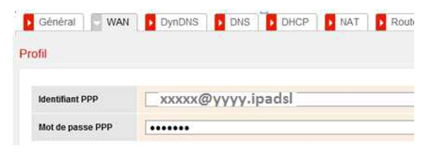 Accès au menu Réseau puis WAN pour saisir les identifiants PPP sur la box SFR, version antérieure à R3.4